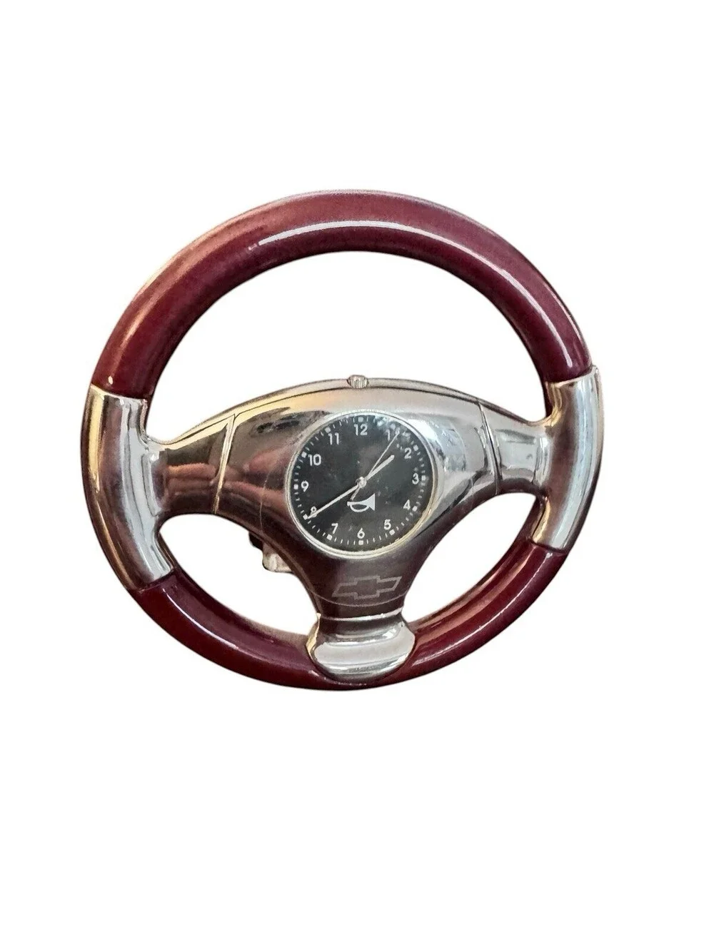 Vintage Chevrolet Mahogany Wood and Chrome Steering Wheel Desk Clock